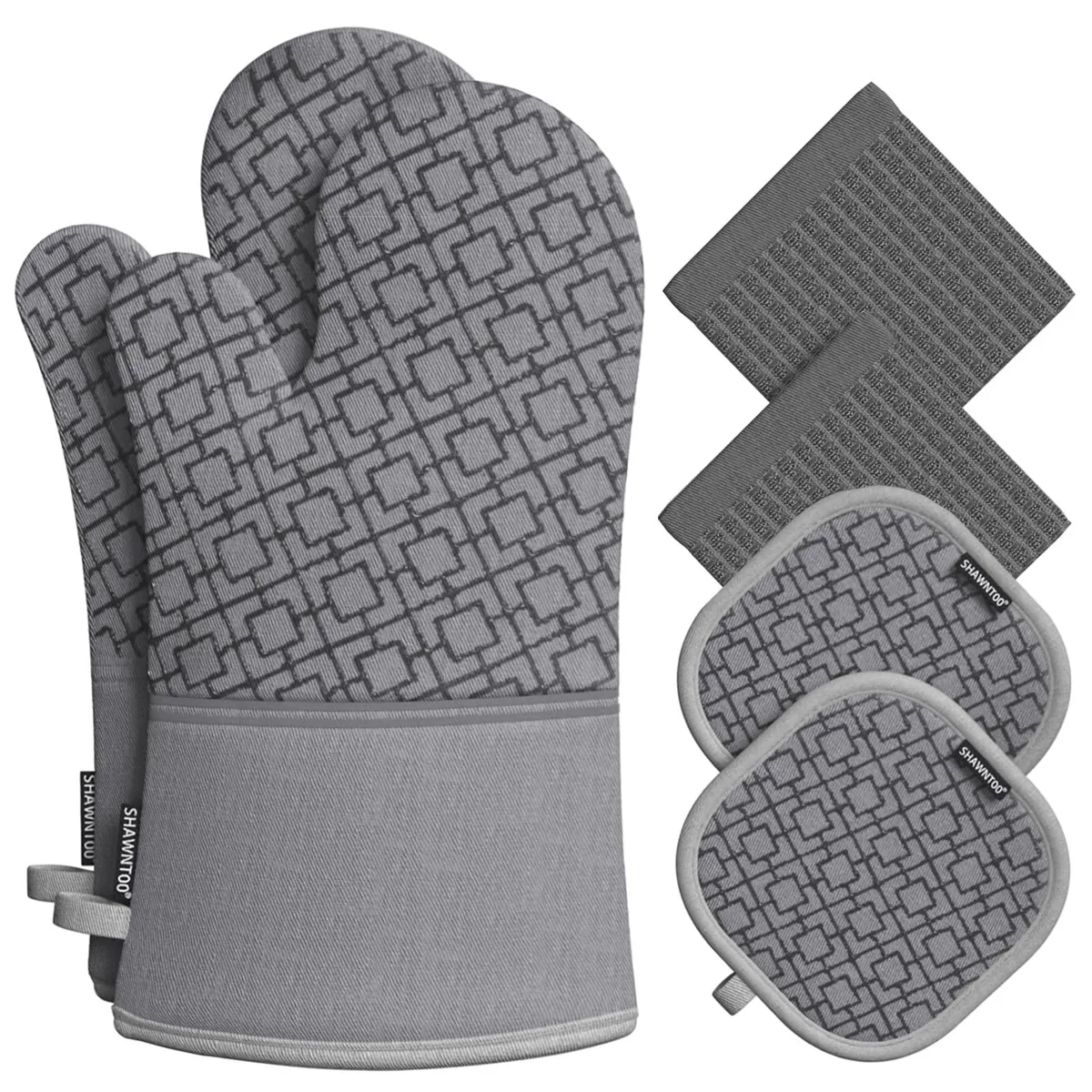  SHAWNTOO 6-Piece Oven Mitt Set Grey 550°F 13.5in Towels 14.6in Mitts — product photo