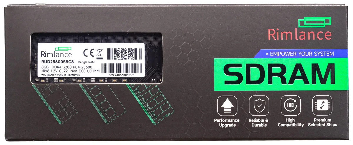 RIMLANCE RIMLANCE RUD25600S8C8 8GB DDR4 3200 CL22 1.2V 288-Pin UDIMM 1RX8 — product photo