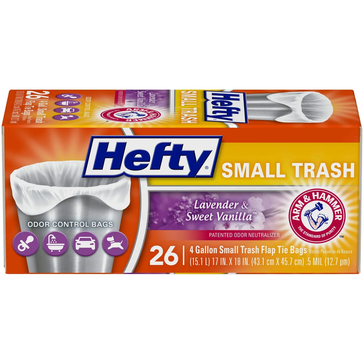  Hefty Small Trash Bags, Flap Tie, Lavender &amp; Sweet Vanilla, 4 Gallon, 26 Count — product photo