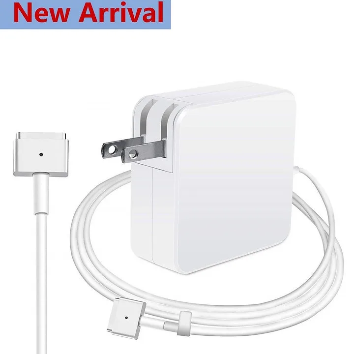 White rectangular 85W MagSafe 2 T-tip power adapter with white cable