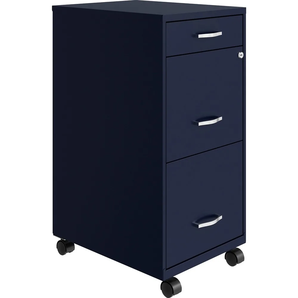 Navy steel mobile file cabinet with three drawers and casters