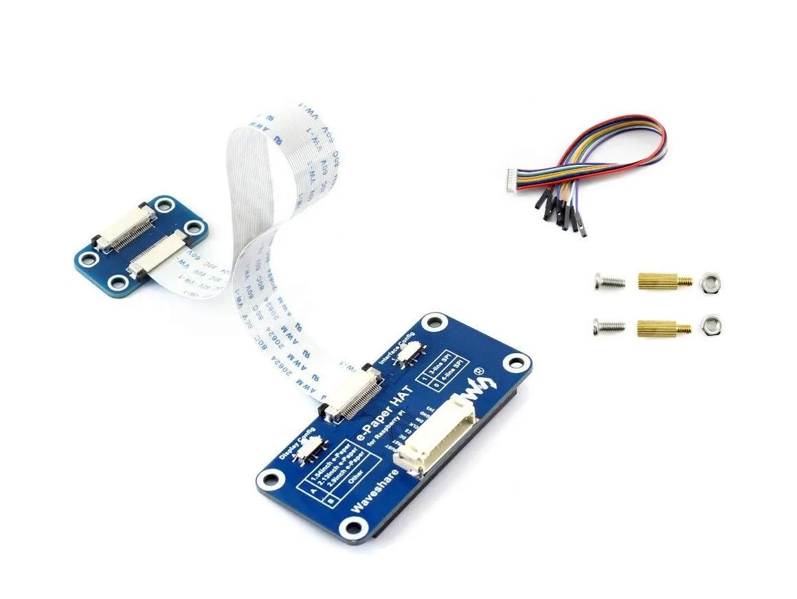 Green rectangular circuit board with GPIO header and e-paper connector