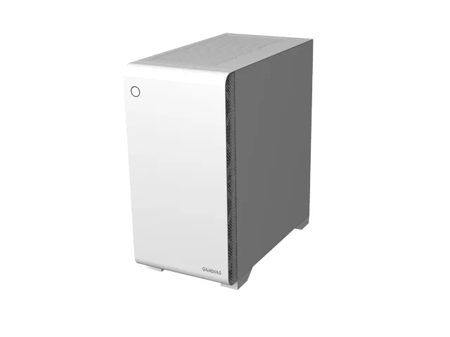White micro-ATX tower with tinted tempered glass side panel and front aluminum accent