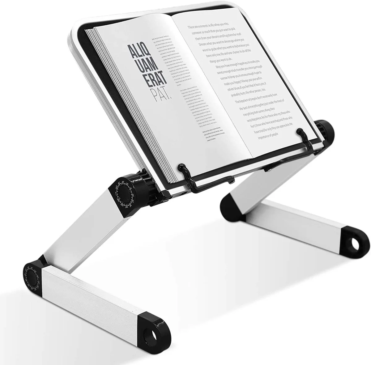 Silver aluminium adjustable book stand with paper clips, folded to 15 x 10 x 1.5 inches