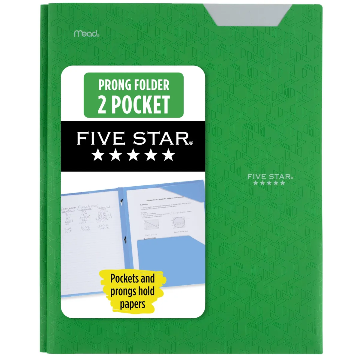 Forest-green plastic two-pocket folder with prong fasteners and stay-put tabs