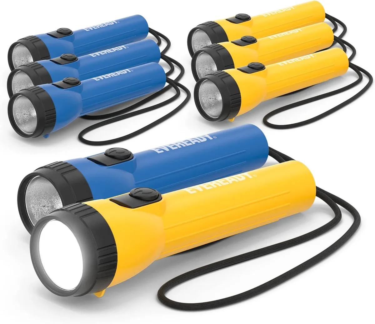 Eight ribbed handheld LED flashlights with sixteen AA batteries included