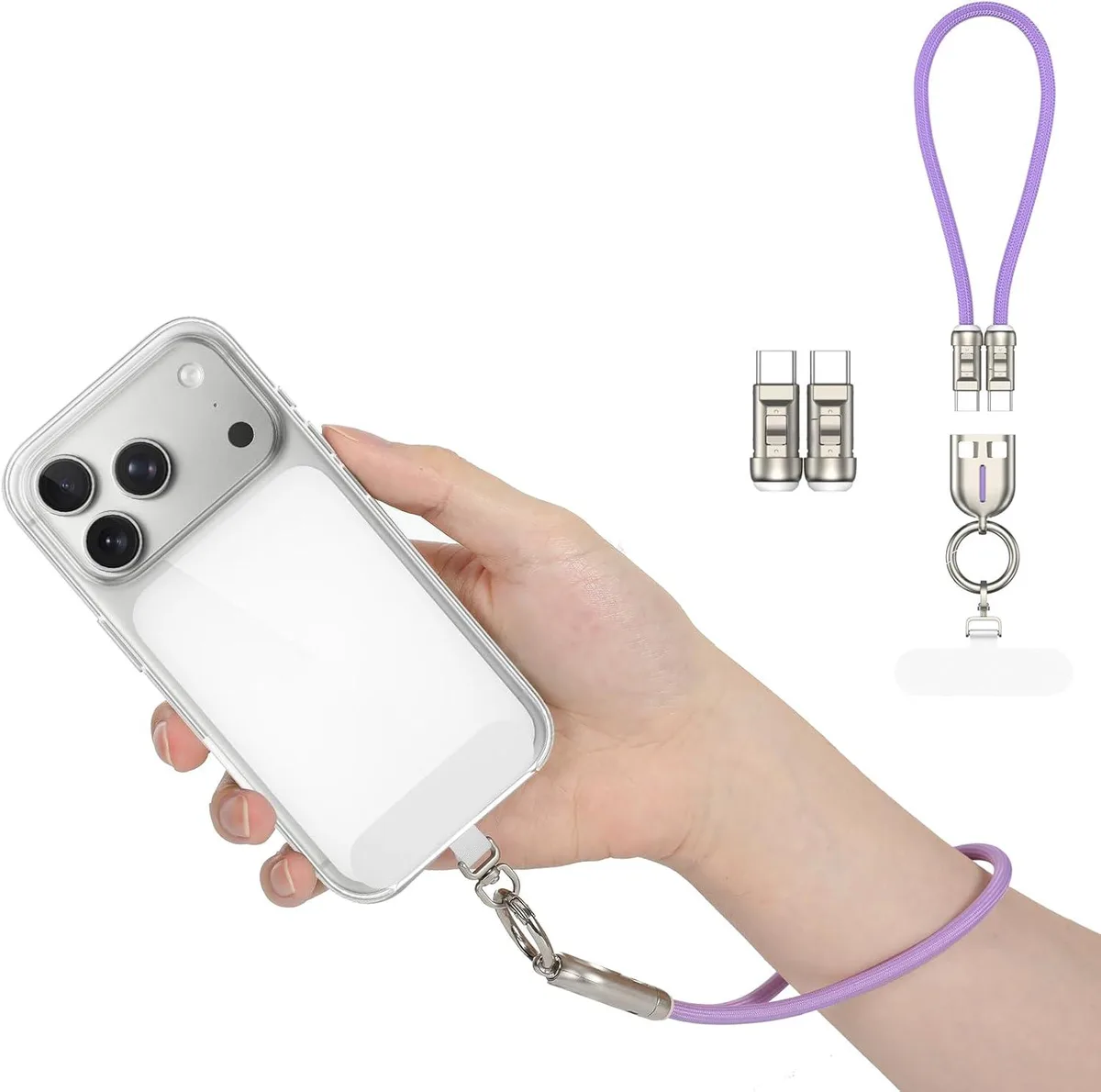 Purple braided USB-C wrist strap cable with hollow zinc alloy connector and swivel ring