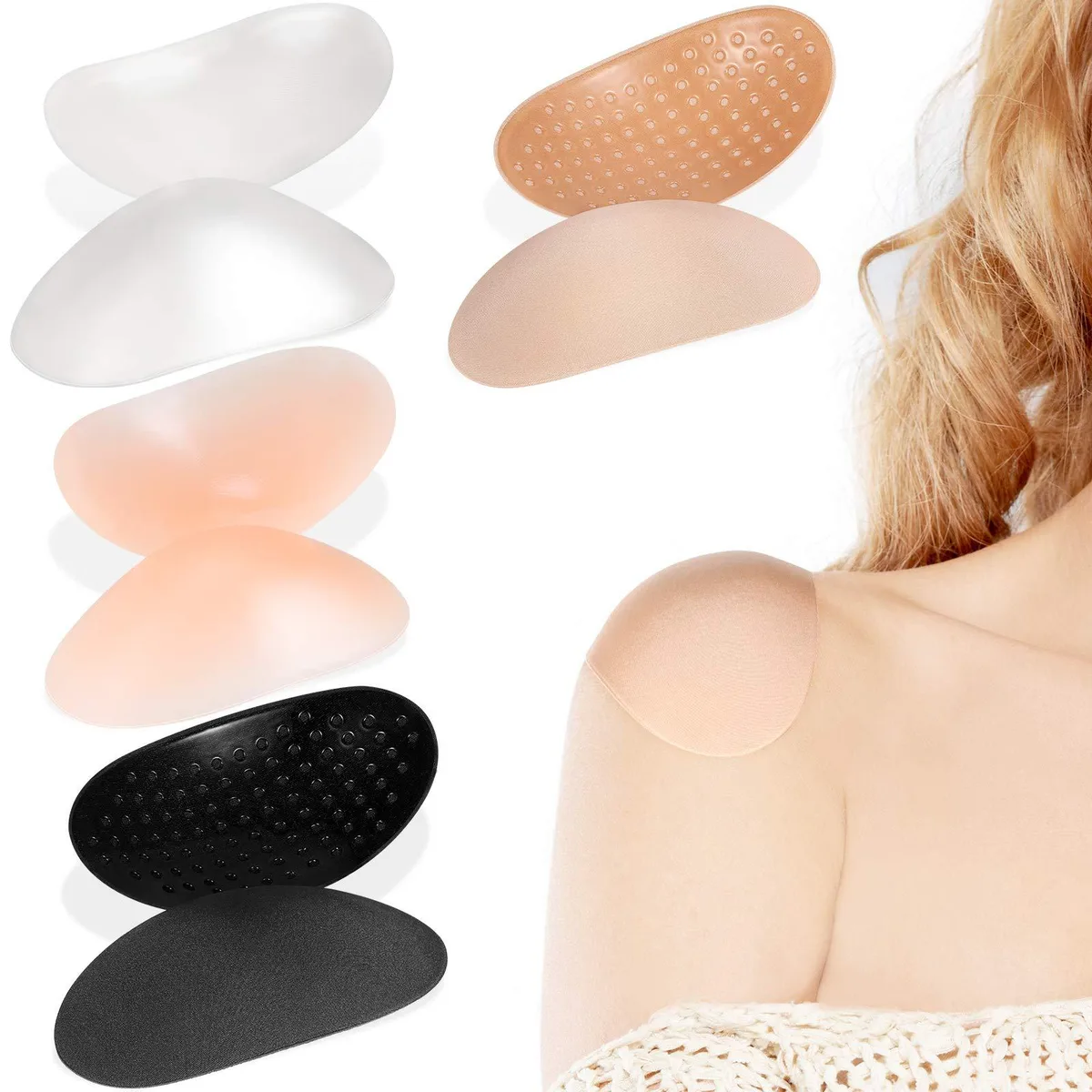 Four pairs of soft silicone shoulder pads in black, flesh, transparent and transparent flesh colours