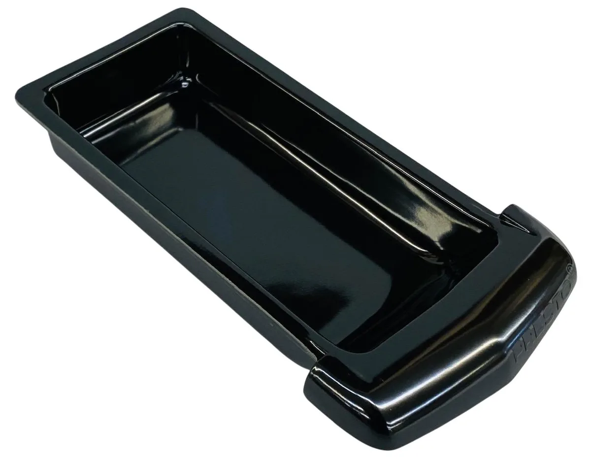 Rectangular grey plastic drip tray with handle, slides into griddle base