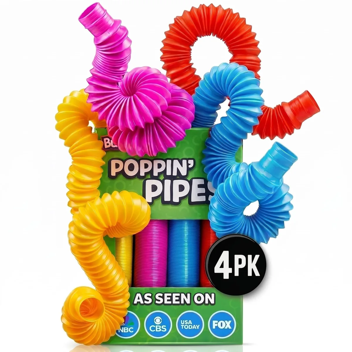 Four colourful plastic pop tubes laid side by side