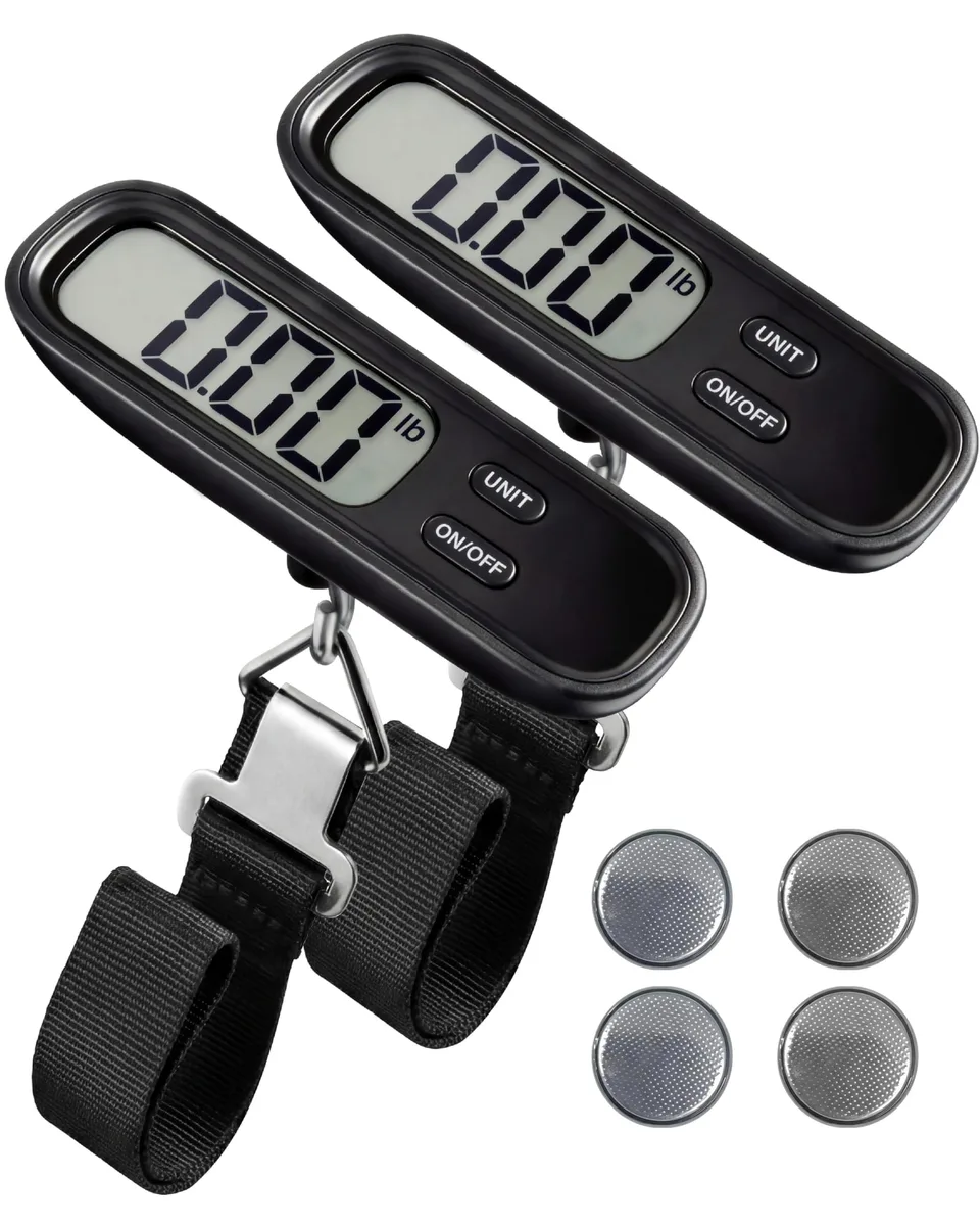 Two black digital luggage scales with curved handles and large LCD screens
