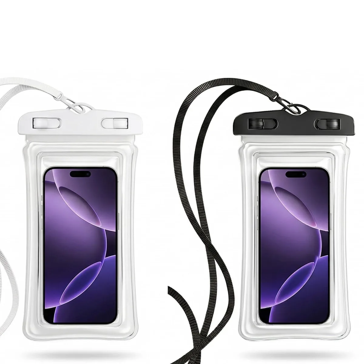 Two transparent waterproof phone pouches with black trim, white accents and detachable lanyards