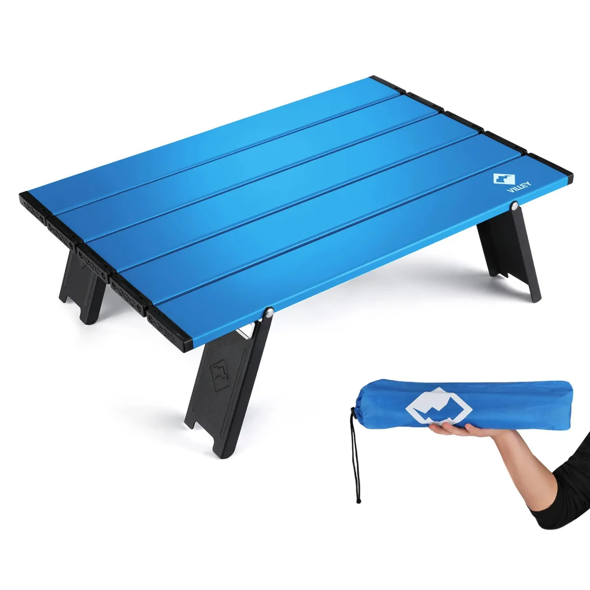 Blue folding aluminum side table with rolled top and folded legs in carry bag