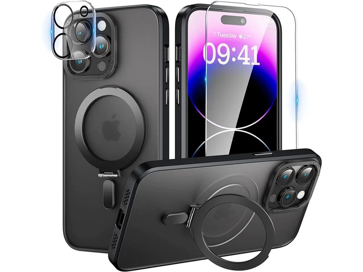 Black translucent matte case for iPhone 11 Pro Max with foldable metal stand and magnetic ring