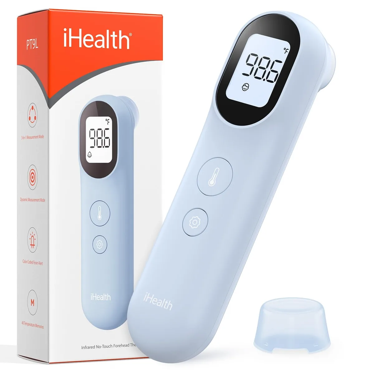 Blue infrared thermometer, compact handheld design, smooth matte finish