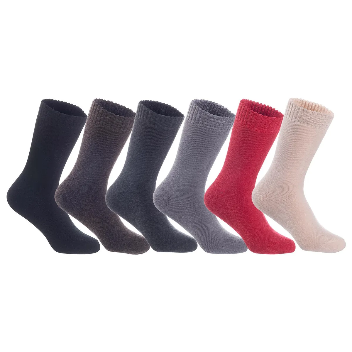 Three pairs of wool crew socks in assorted colours, folded together