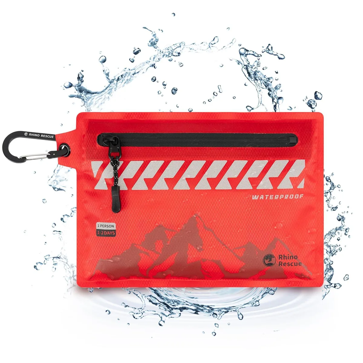 Red waterproof first-aid pouch with carabiner clip