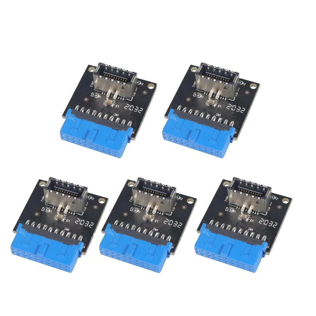 Five black rectangular PCB adapters with USB 3.0 socket and 20-pin header connectors