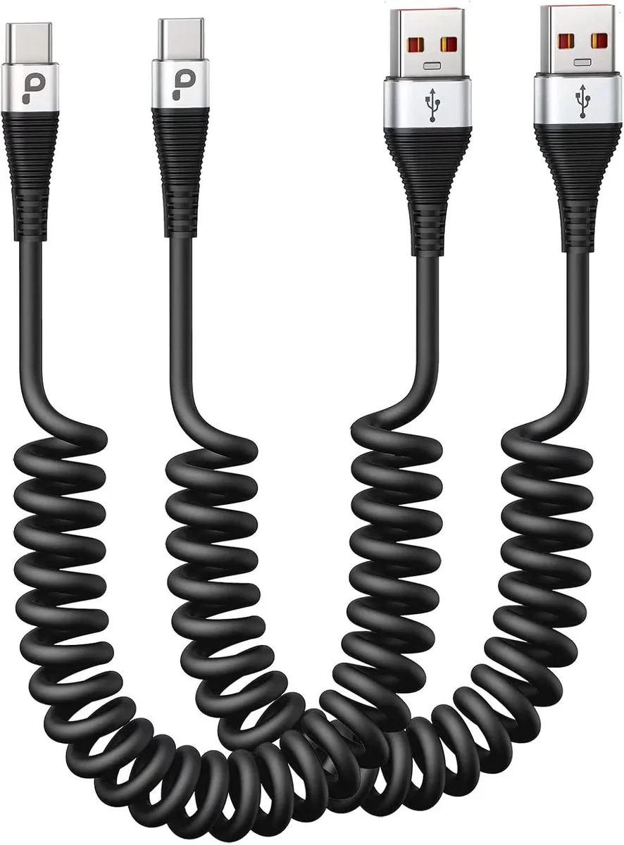 Hamzan Hamzan 66W coiled USB-A to USB-C phone cable 2-pack 1.3–4 ft — product photo