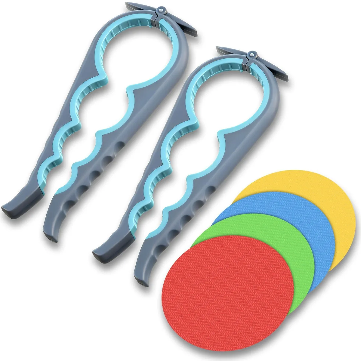 Six-piece jar opener set with two multi-function tools and four rubber grip pads