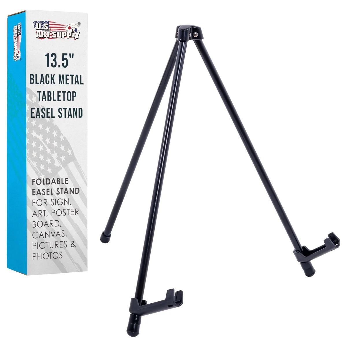 Black metal tripod tabletop easel, 13.5 inches high, folded flat