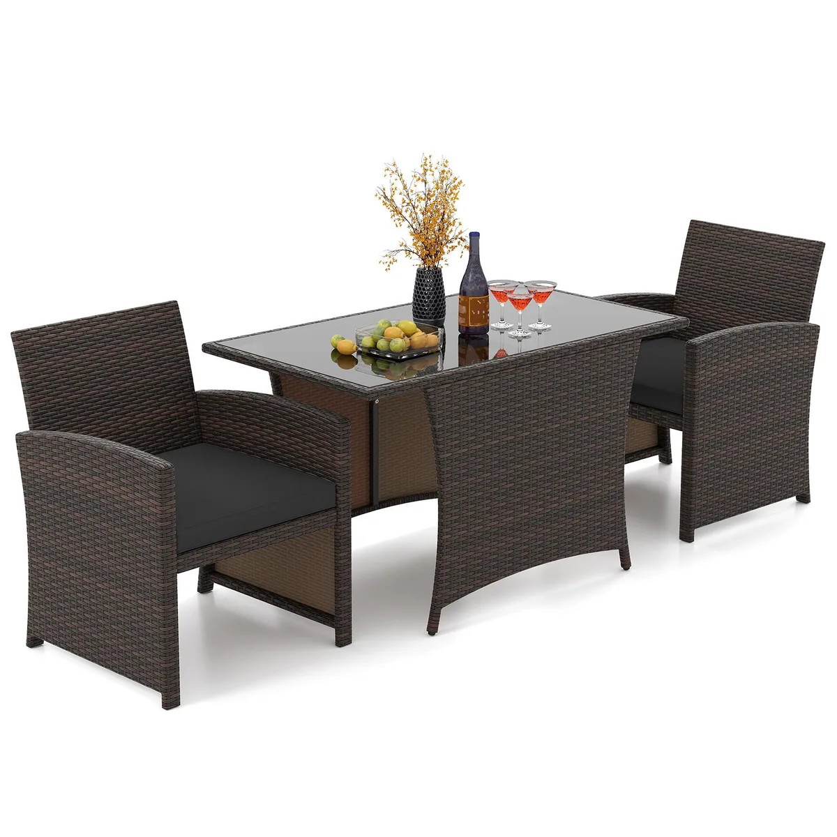 Three-piece wicker dining set with glass table and two chairs in black and brown