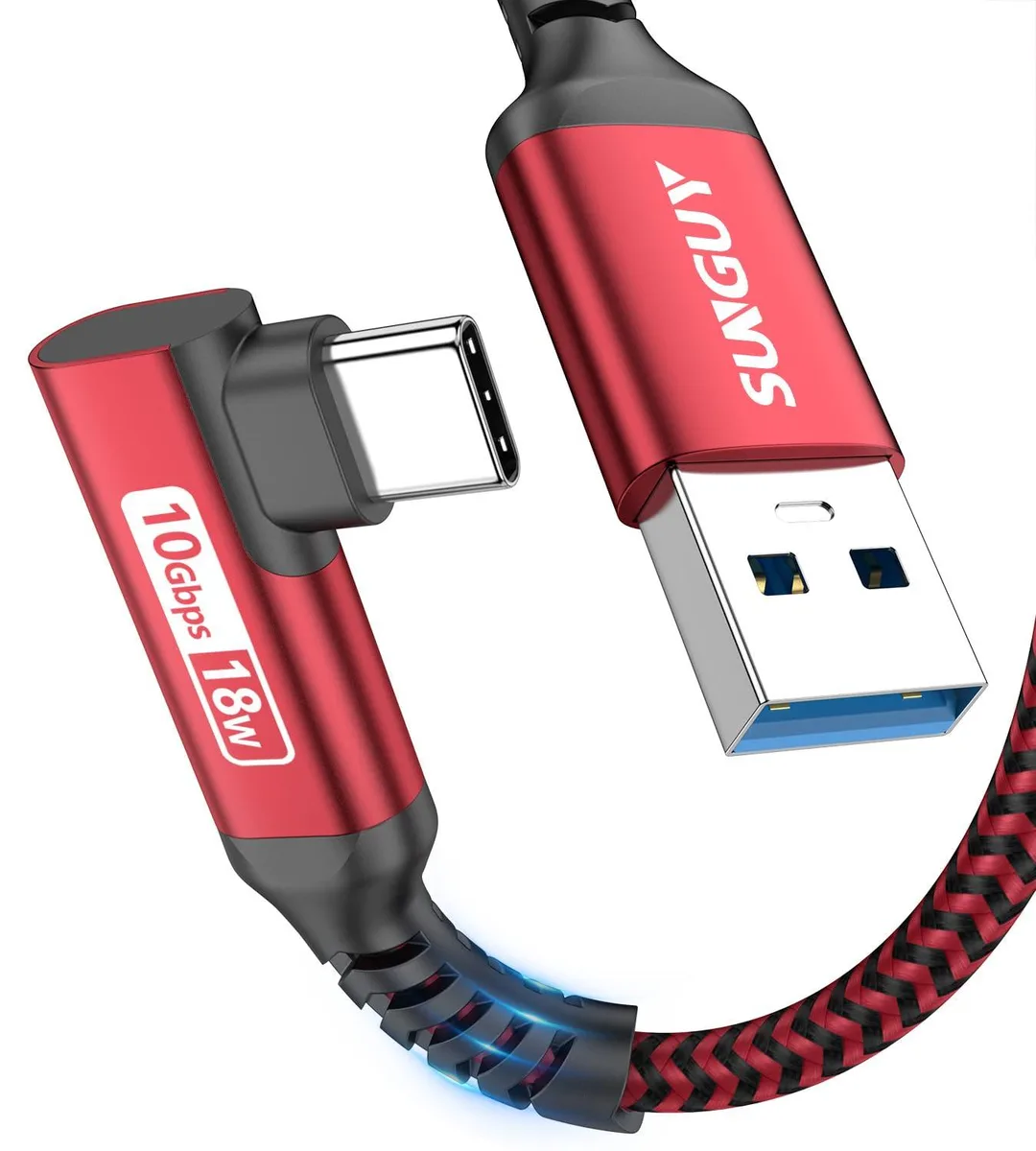 Red right-angle USB-C cable, one foot long, male-to-male, extra-long rubber sleeve