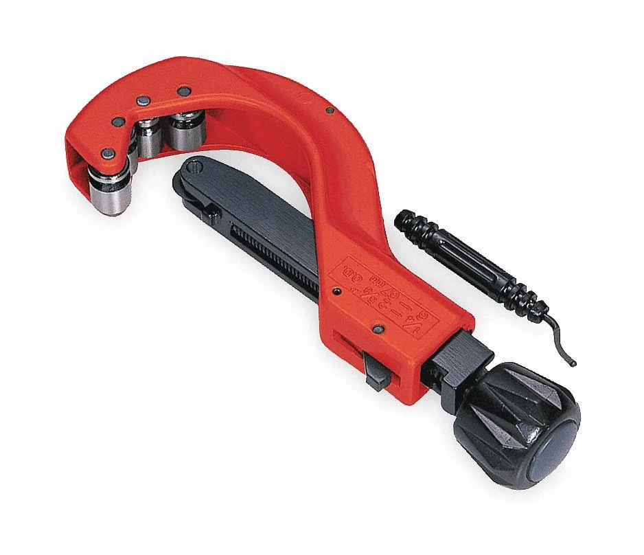 Silver aluminium tube cutter with quick-adjust knob and reamer attached