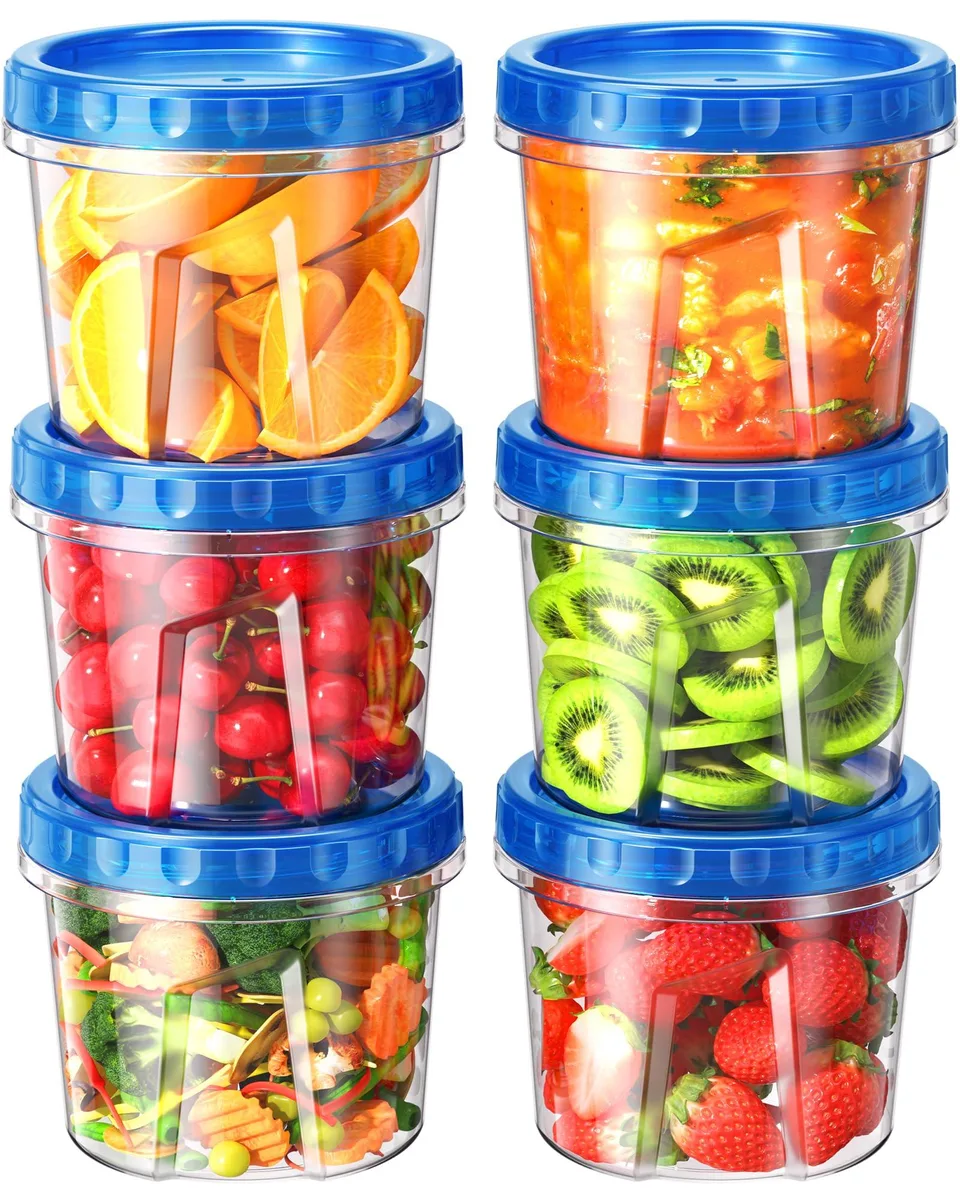 Six clear plastic 24 oz containers with twist-top lids stacked together