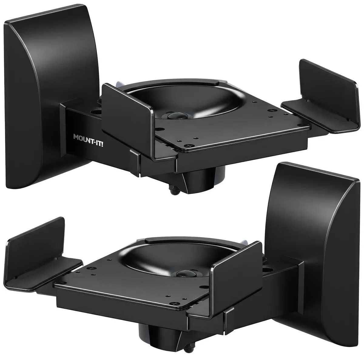Pair of black steel speaker wall brackets with padded side clamps and swivel tilt arms