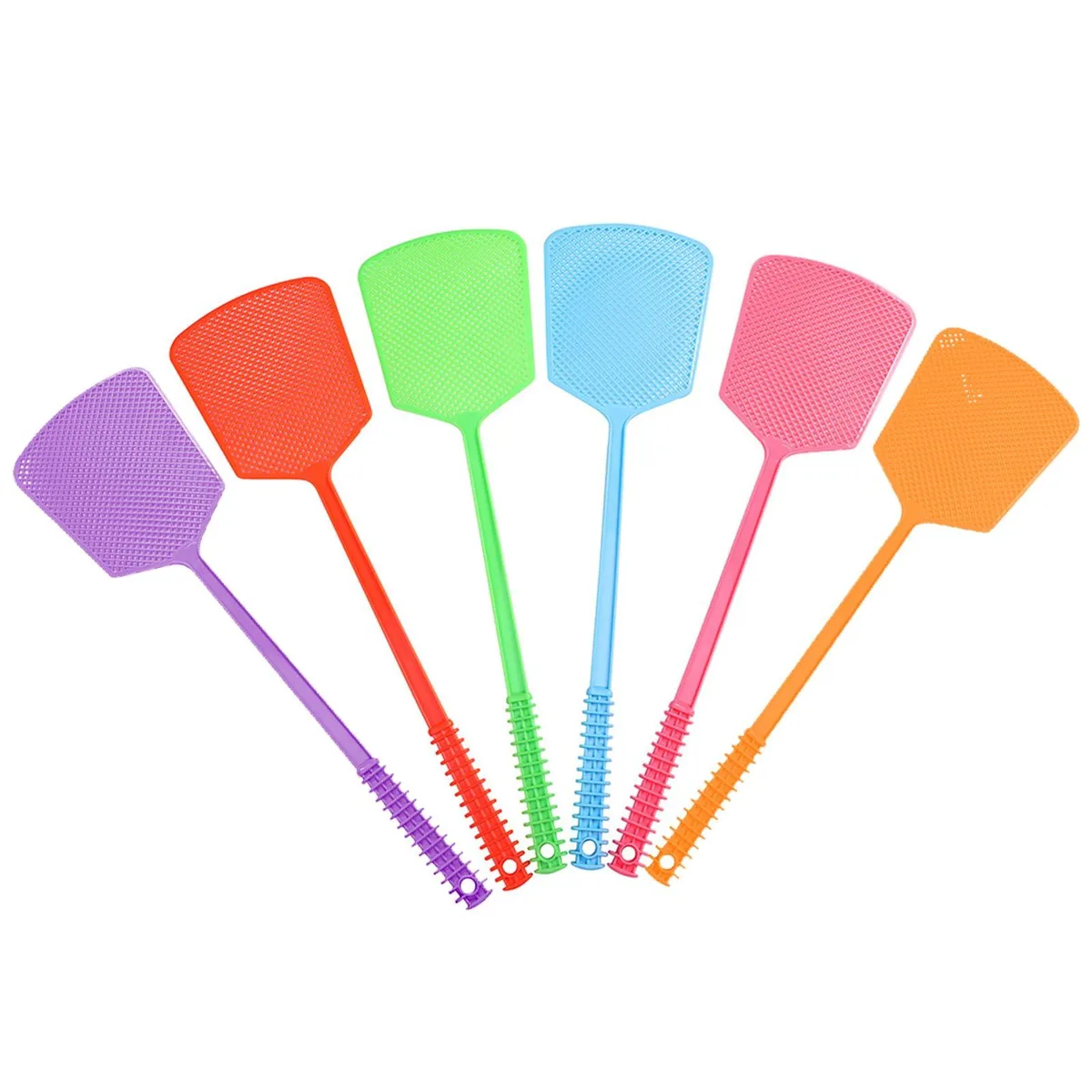 Six colourful plastic fly swatters with long handles and wall hooks