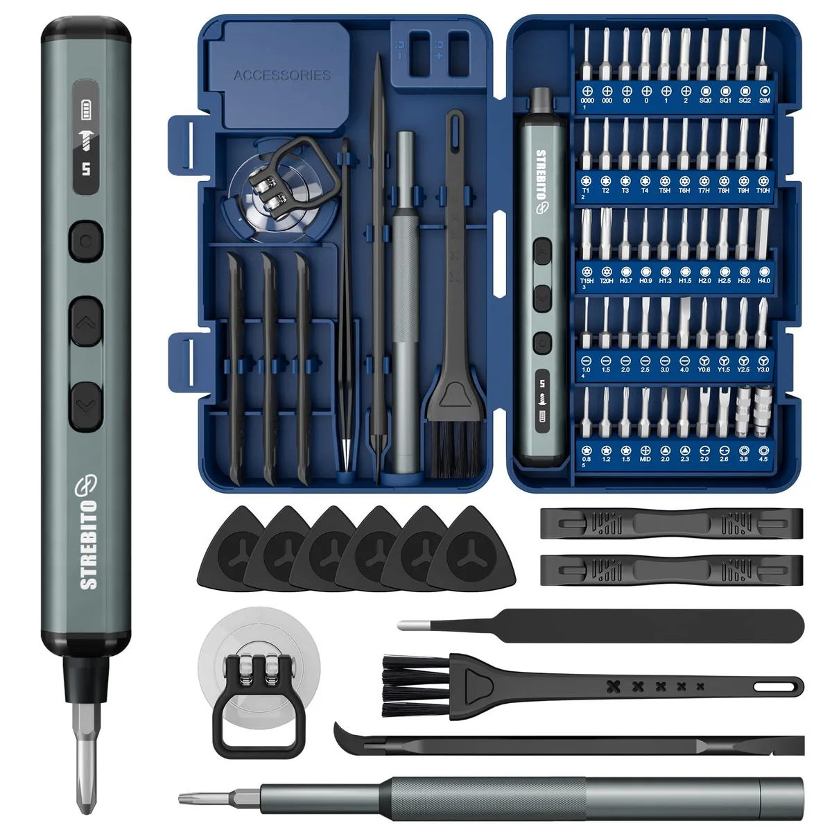 Compact black electric screwdriver with magnetic bits, OLED display, four LEDs and USB-C charging