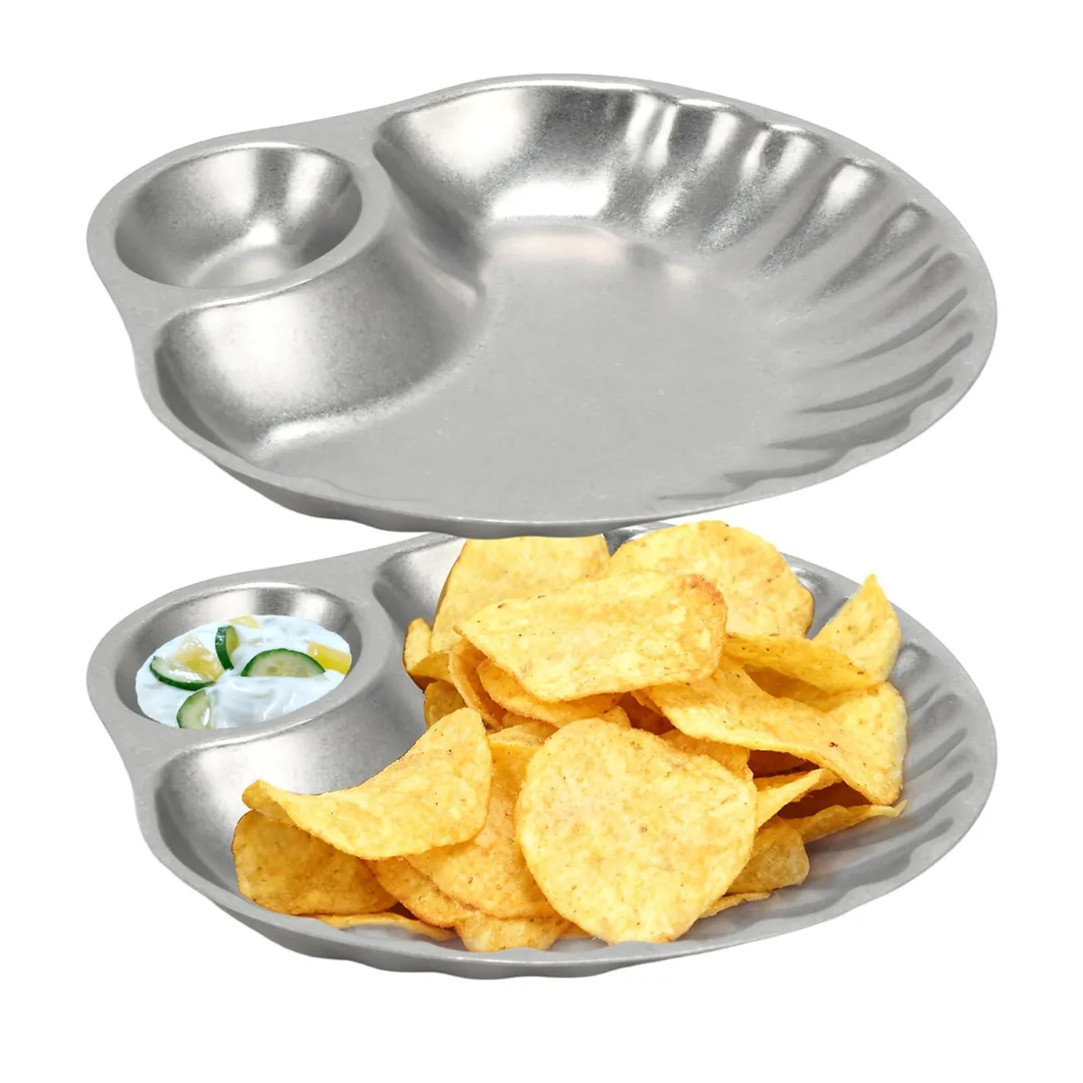 Two small shell-shaped stainless steel platters with built-in dip wells, matte vintage finish