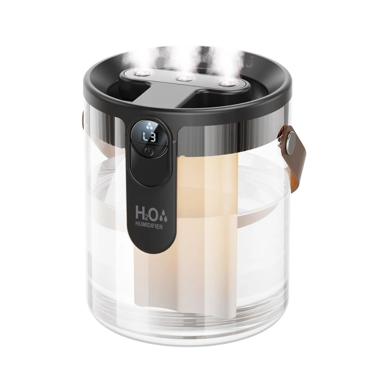 Grey portable humidifier with top-fill tank, carry handle, smart display and night light