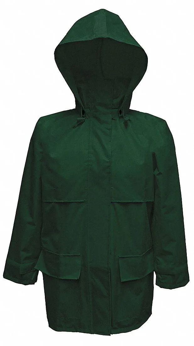 Green 150D rip-stop polyester rain jacket with attached hood and hook-and-loop front closure