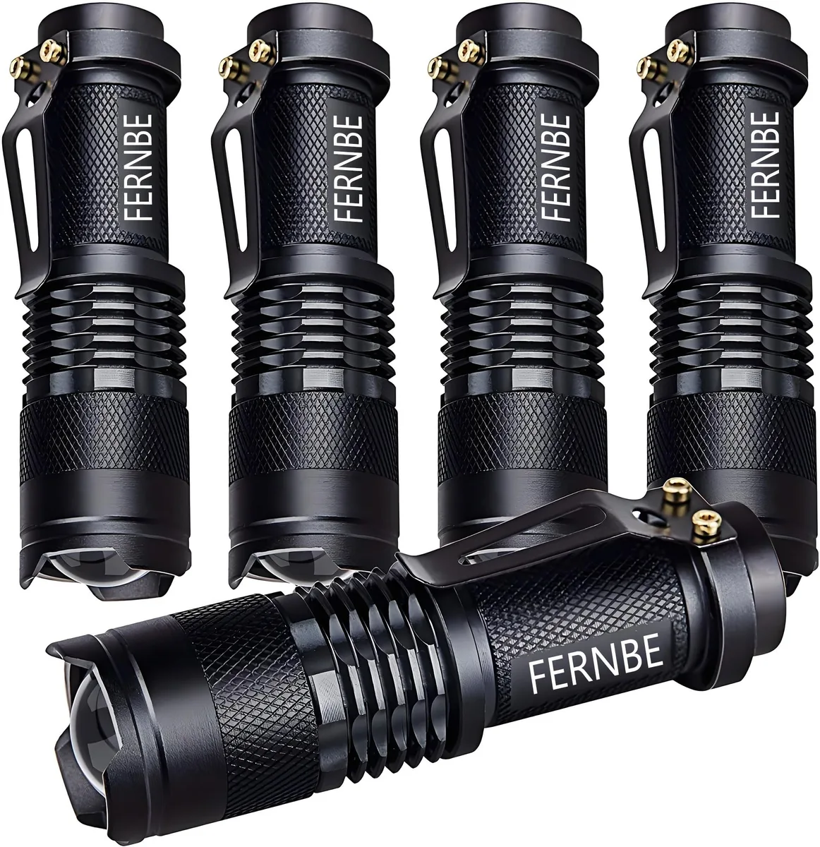Five small cylindrical aluminium flashlights with pocket clips lying side by side