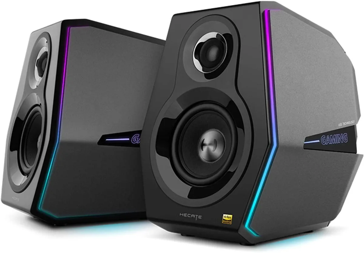 Pair of bookshelf speakers with aluminium side panels and RGB lighting, wood-grain finish