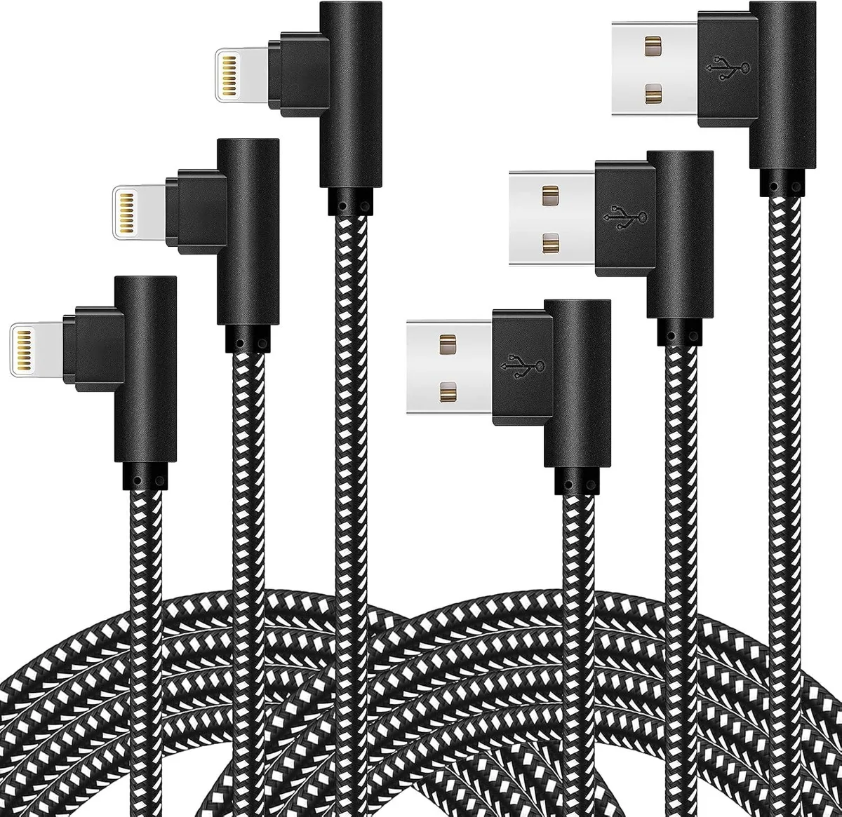 MCHOSE MCHOSE Lightning Cable 3 Pack 3/6/10FT Nylon Braided Right Angle 2.4A 480Mbps MFi — product photo