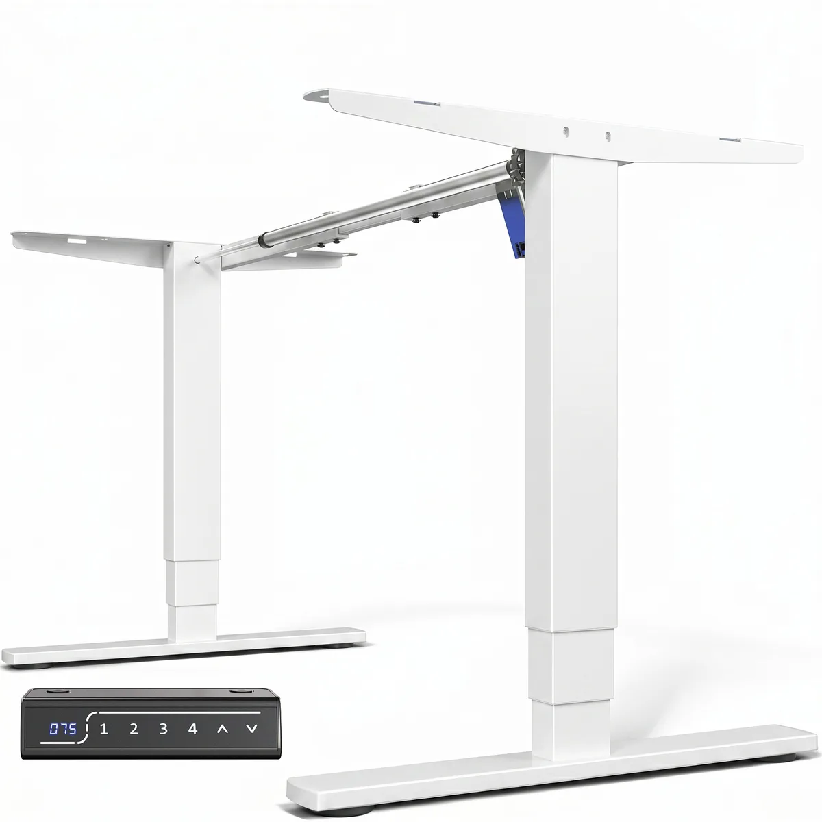 White steel standing desk frame with telescopic legs and touch controller