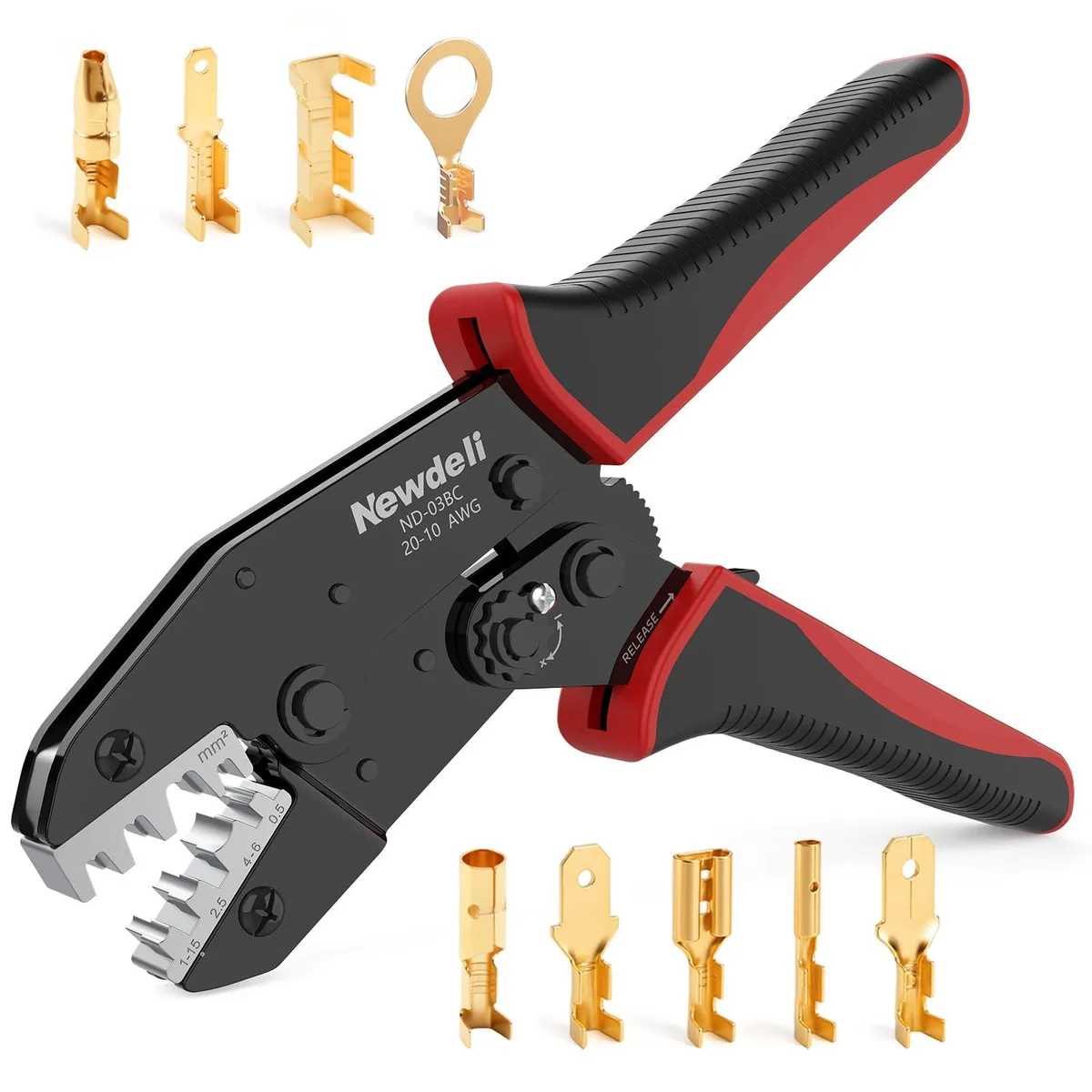 Klein Tools ratchet crimping pliers for AWG 20-10 open barrel terminals, 25-pin kit