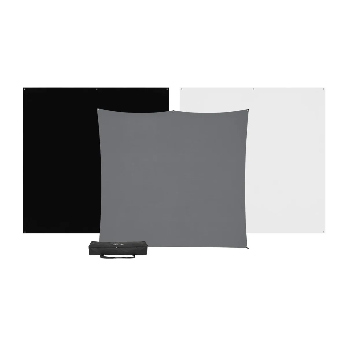 Three fabric backdrops white black gray with folded aluminum stand in padded backpack case