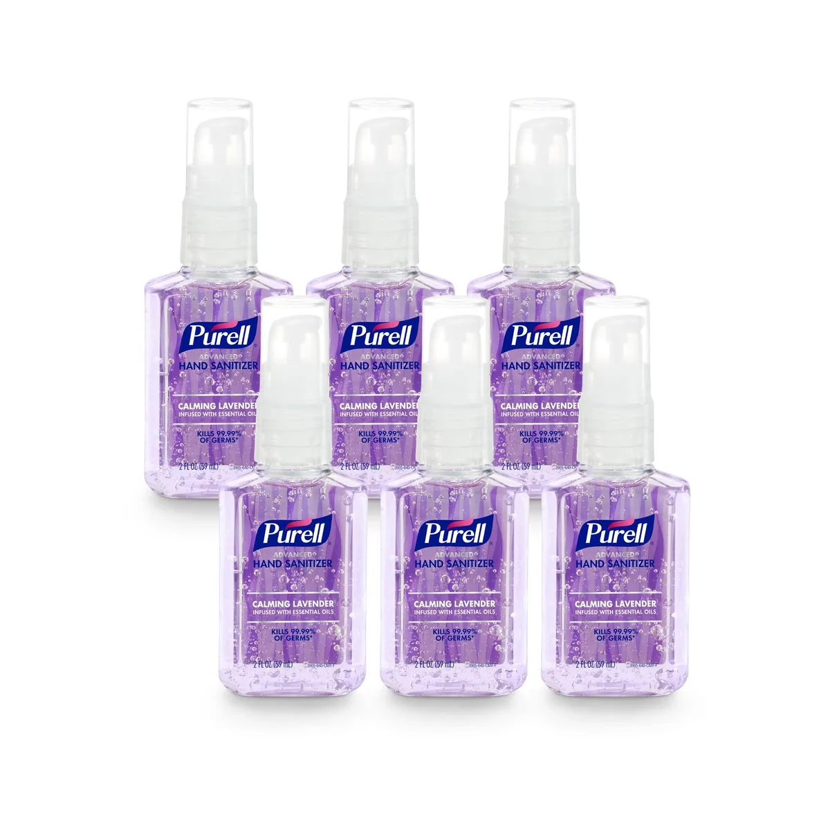 Six small white pump bottles with lavender labels arranged in a pack