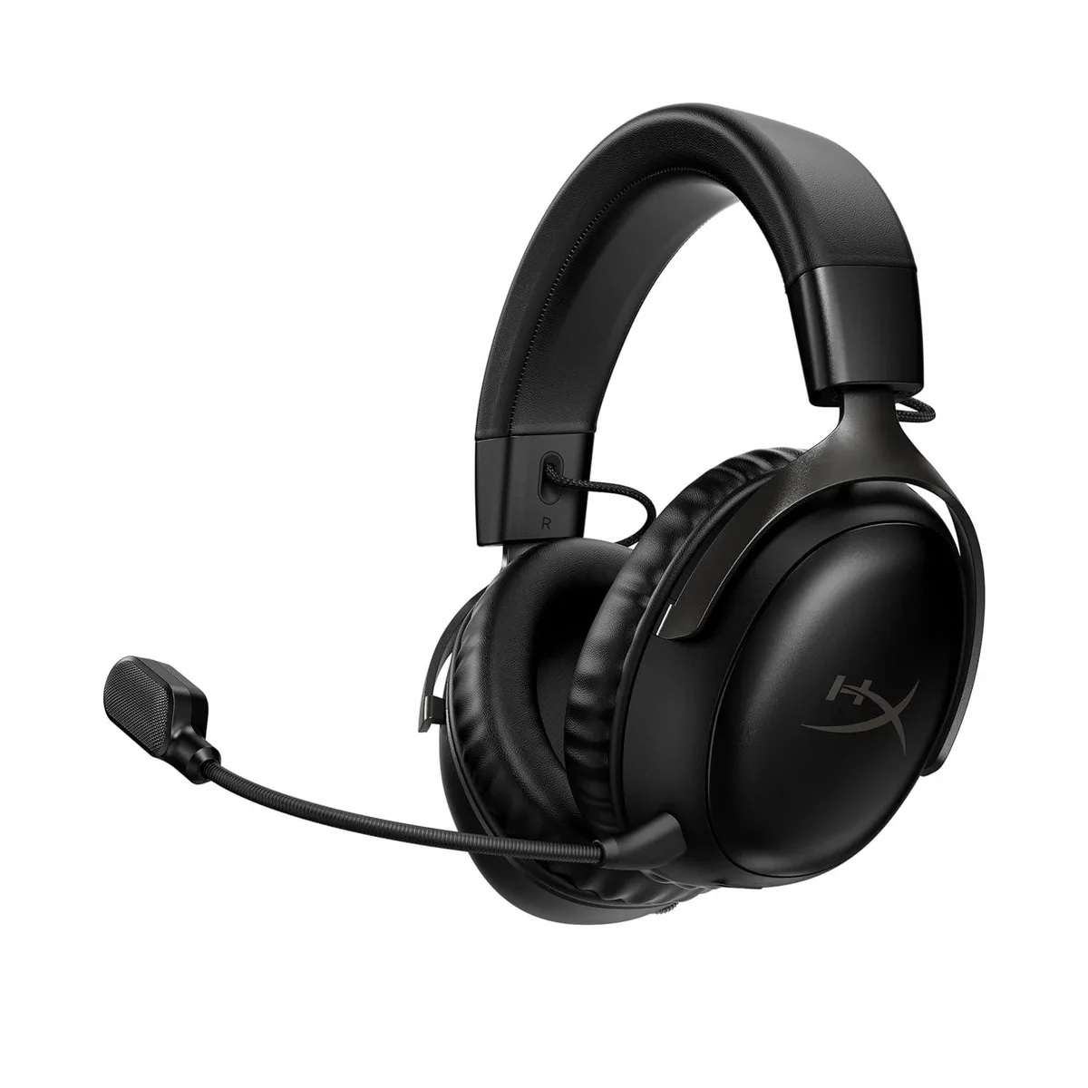 Black wireless gaming headset with leatherette ear cups and aluminium frame