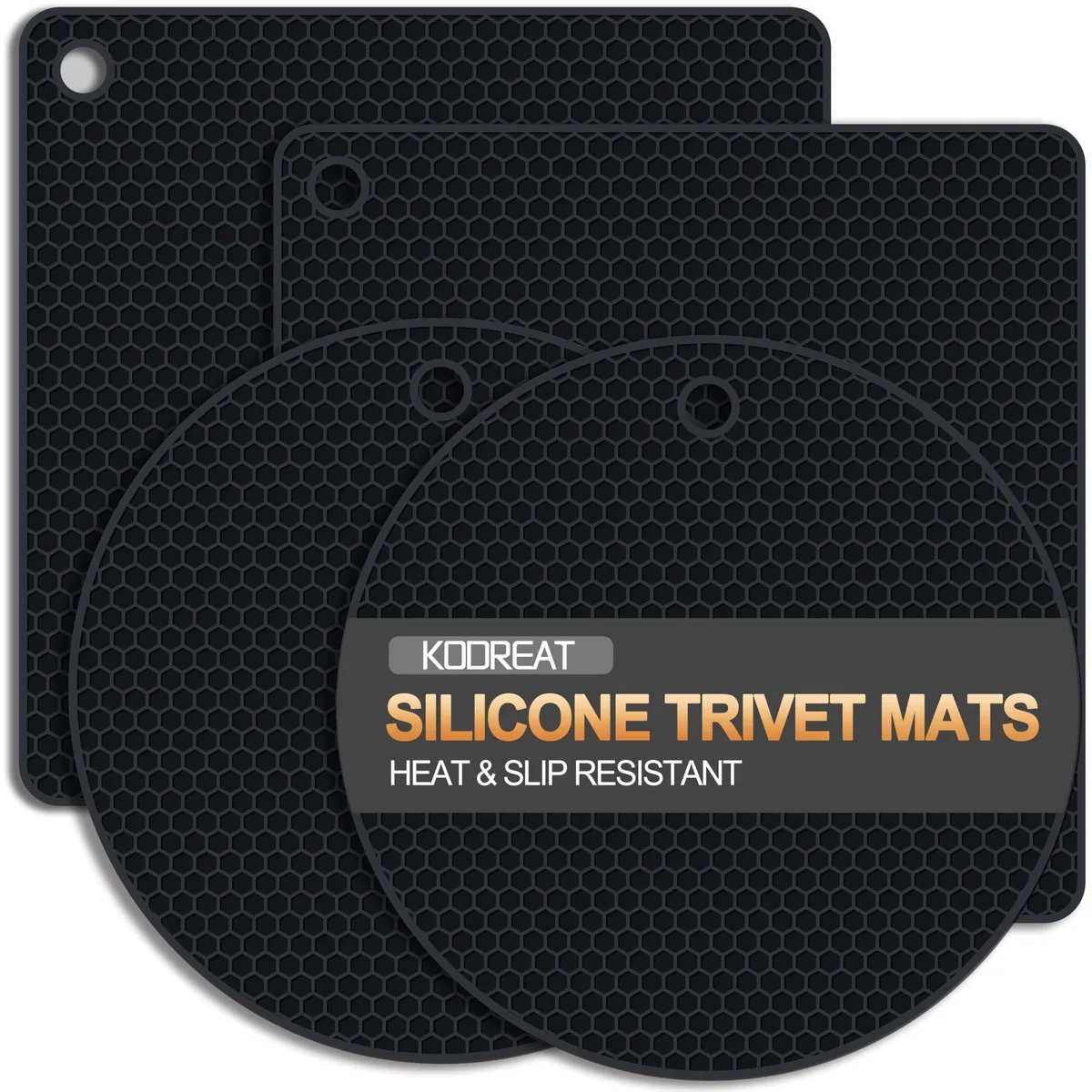 Four round black silicone trivets, 7.1 inch diameter, .24 inch thick