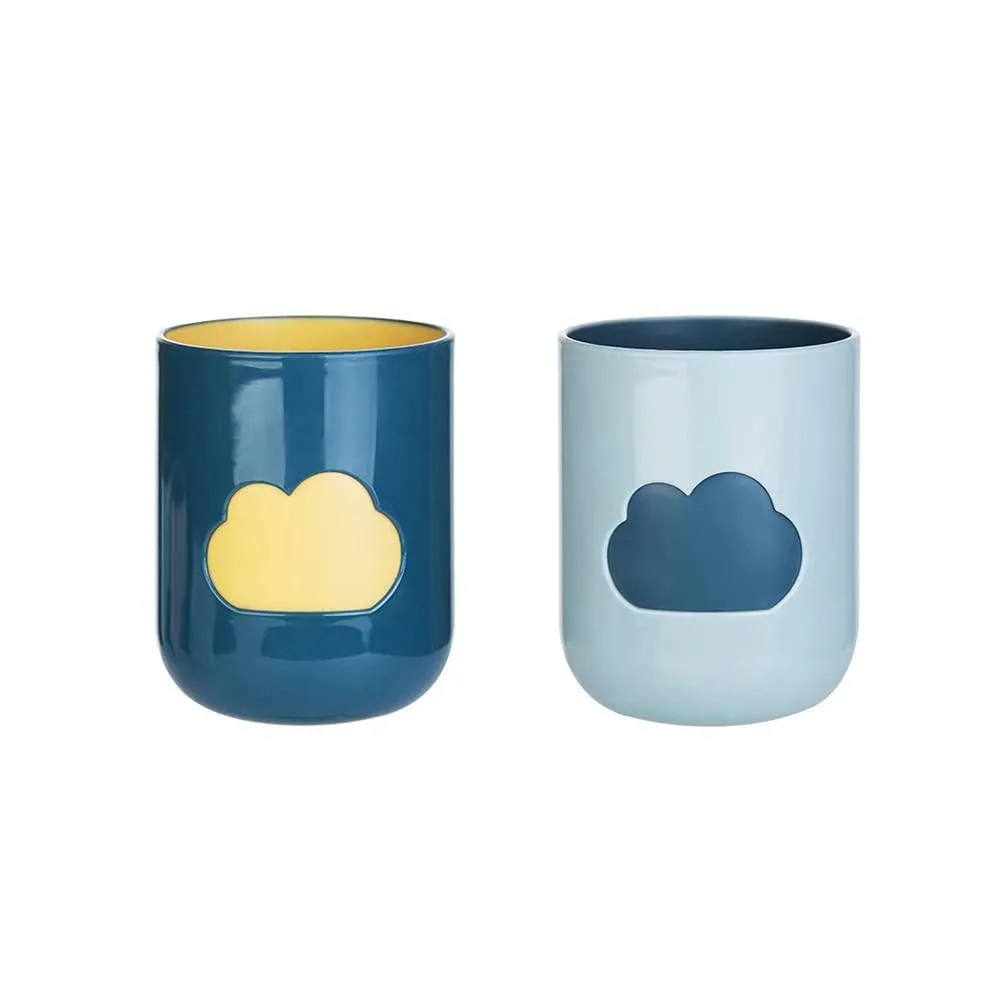 Two 400 ml PP cups in dark green and light blue with cloud pattern, 10 cm tall, 8.2 cm wide, 70 g each