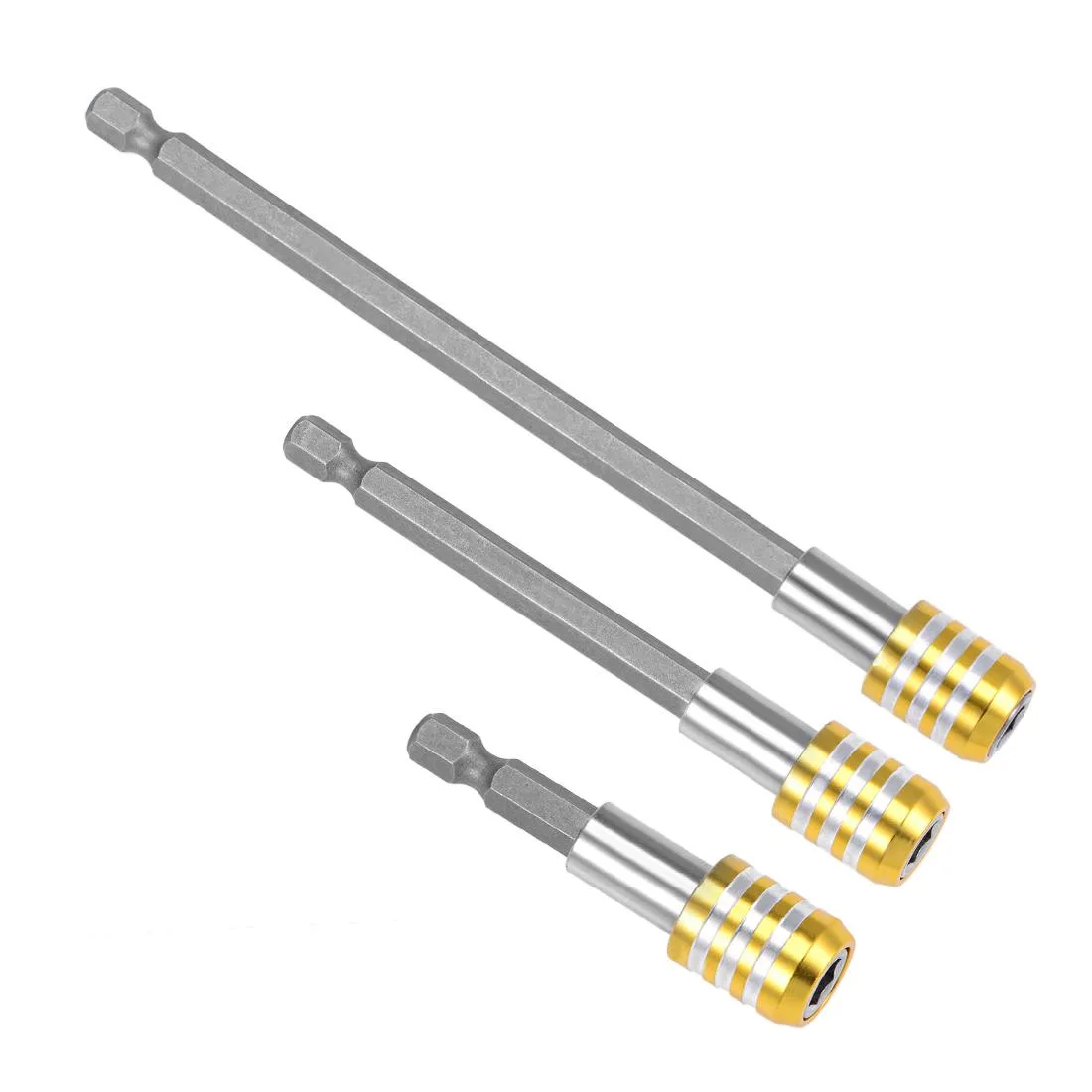 Three yellow sandblasted steel magnetic bit holder extensions 2.4 4 6 inch 1/4 hex