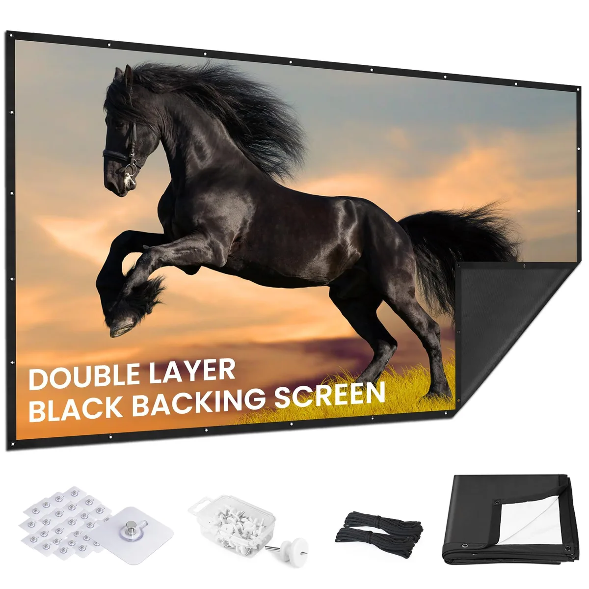 White 120 inch projector screen with black backing, straight edges, foldable polyester material