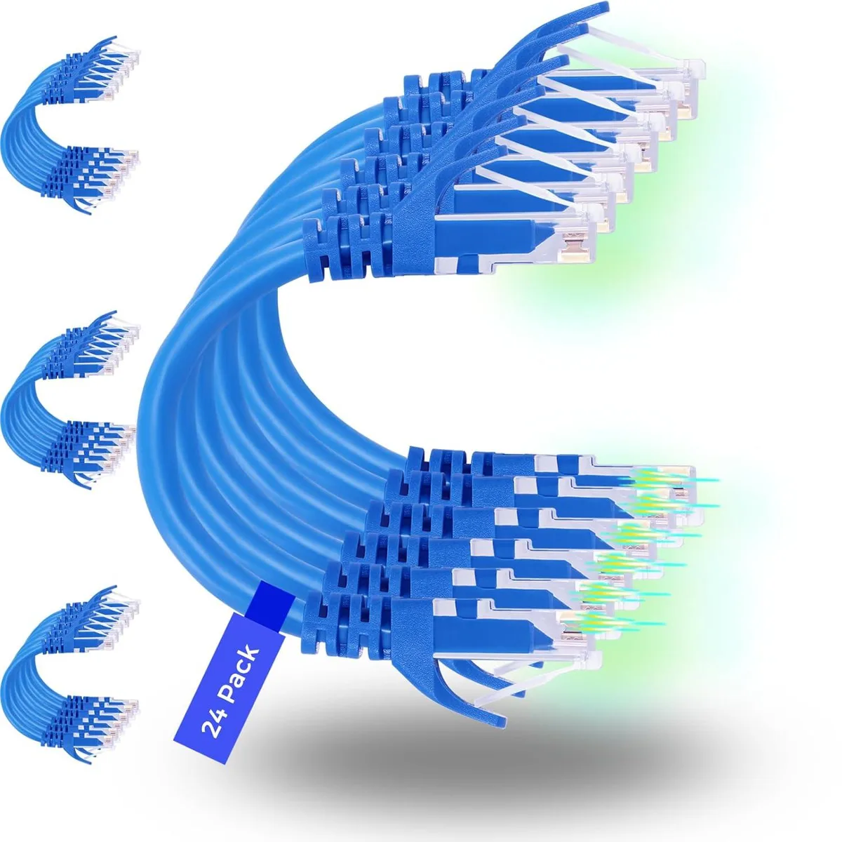 Twenty-four blue Cat6 patch cables, three feet each, gold-plated connectors