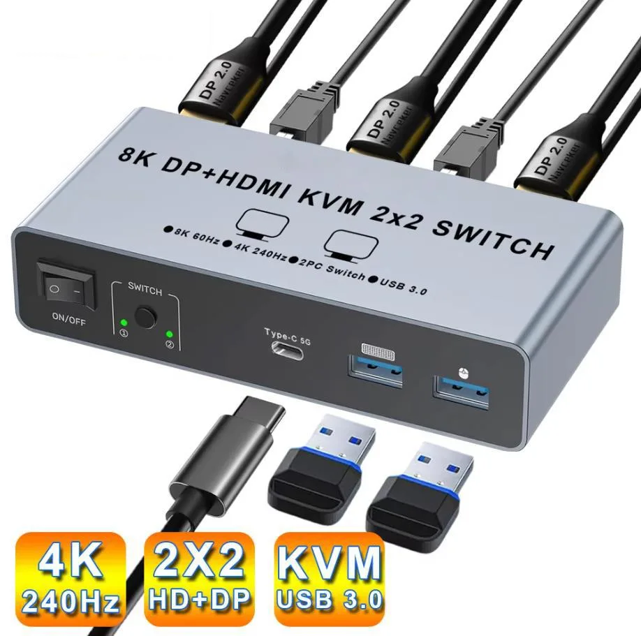 Compact silver aluminium KVM switch with top buttons, front USB ports, rear HDMI and DisplayPort connections