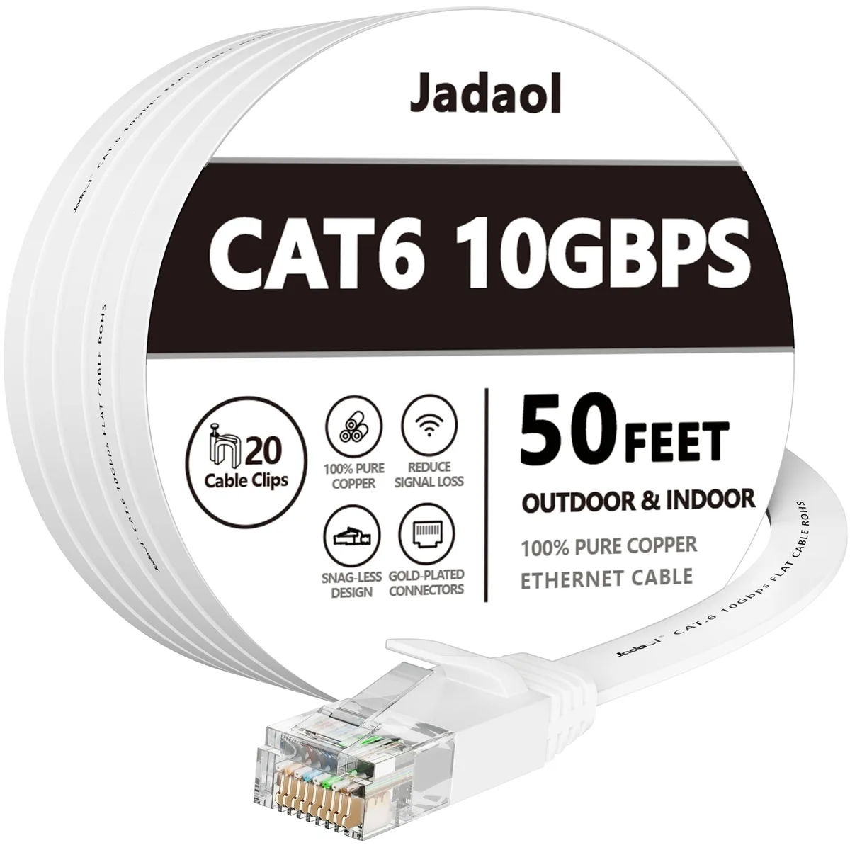 White flat Cat6 Ethernet cable 50ft with RJ45 connectors and cable clips